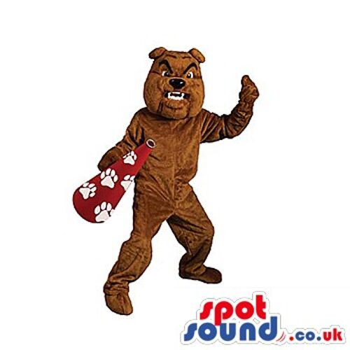 Brown happy beaver spotsound Mascot Costume with white teeth and with white apron .