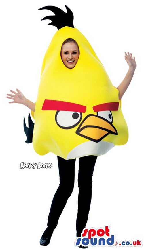 Yellow bird spotsound Mascot Costume with long neck, blue eyes and colorful apron .