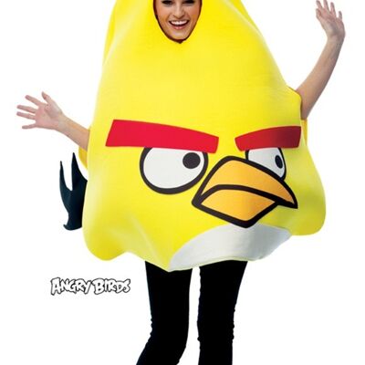 Yellow bird spotsound Mascot Costume with long neck, blue eyes and colorful apron .