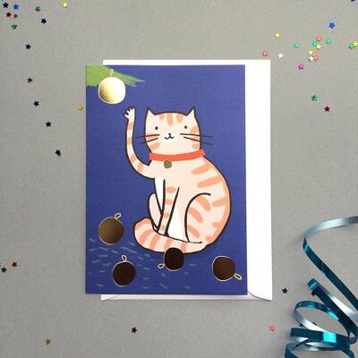 Cat and Baubles Foiled Christmas Card
