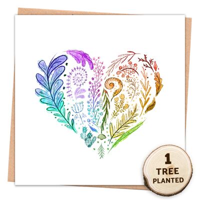 Tarjeta de San Valentín de amor ecológico, regalo de semillas. Corazón de arcoíris envuelto