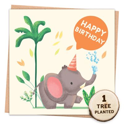 Tarjeta ecológica y semilla de flor de abeja. Feliz cumpleaños elefante envuelto