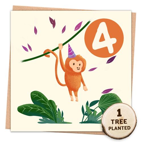 Kids Birthday Card & Bee Friendly Eco Gift. 4 Year Monkey Wrapped