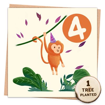 Tarjeta de cumpleaños para niños y regalo ecológico Bee Friendly. Mono de 4 años envuelto