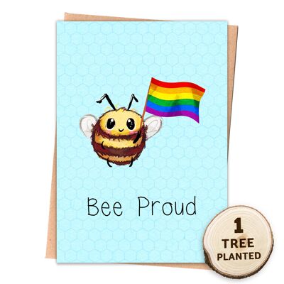 Tarjeta de orgullo LGBTQ ecológica y regalo de semillas de flores. Abeja orgullosa envuelta