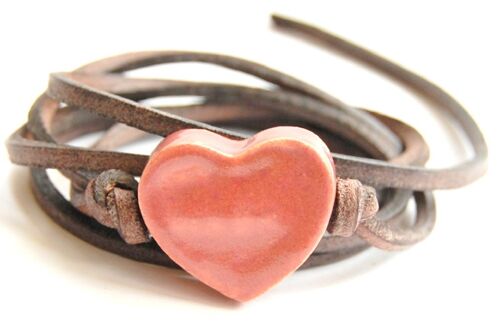 Bracelet leather with vintage rose ceramic heart