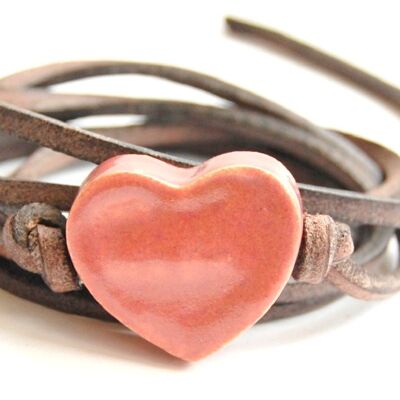 Bracelet leather with vintage rose ceramic heart
