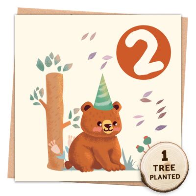 Carte d'anniversaire et cadeau de graines écologiques pour tout-petits. Ours enveloppé de 2 ans