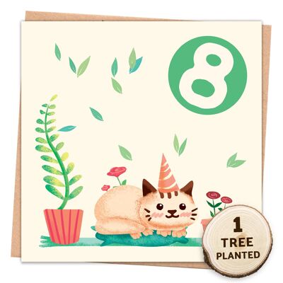 Öko-Geburtstagskarte & Blumensamen-Geschenk für Kinder. 8 Jahre Katze eingewickelt