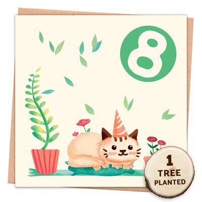 Carte d'anniversaire écologique et cadeau pour enfants de graines de fleurs. Chat enveloppé de 8 ans