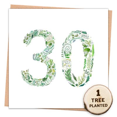 30th Birthday Tree Card & Bee Friendly Eco Gift. Green 30 Wrapped