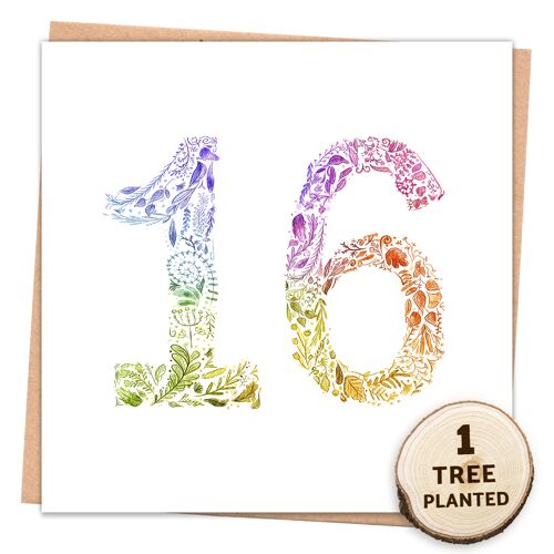 Eco 16th Birthday Card & Plantable Bee Seed Gift. Rainbow 16 Wrapped