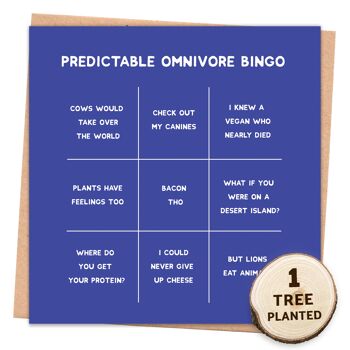 Carte végétalienne recyclée amusante et cadeau de graines écologiques. Omnivore Bingo Emballé 1