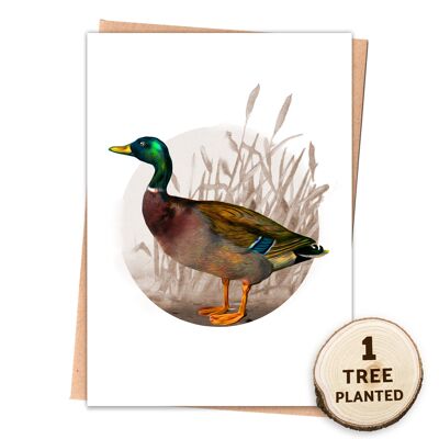 Zero Waste Duck Bird Karte. Bienenfreundliches Samengeschenk. Stockente eingewickelt