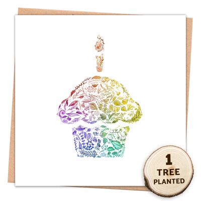 Umweltfreundliche Geburtstagskarte & Bienensamen-Geschenk. Regenbogen Cupcake verpackt