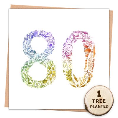 Baumpflanzungskarte zum 80. Geburtstag & Öko-Samengeschenk. Regenbogen 80 verpackt