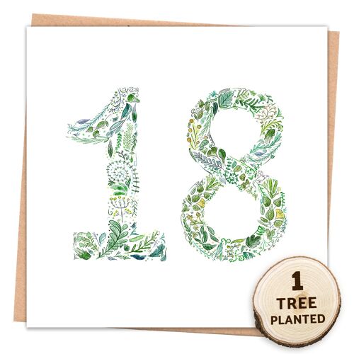 18th Birthday Tree Card & Bee Friendly Eco Gift. Green 18 Wrapped