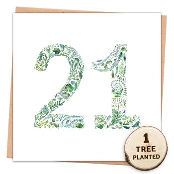 Carte d'anniversaire écologique pour le 21e anniversaire. Cadeau arbre et abeille. Vert 21 Enveloppé 1