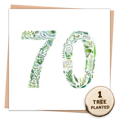 Baumpflanzungskarte zum 70. Geburtstag & Öko-Samengeschenk. Grün 70 verpackt