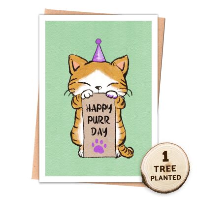 Tarjeta de cumpleaños del gato de plantación de árboles. Regalo ecológico. purrday envuelto