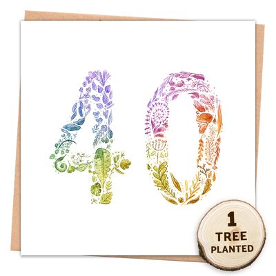 Tarjeta ecológica de 40 cumpleaños con semilla de flor. Arco Iris 40 Envuelto