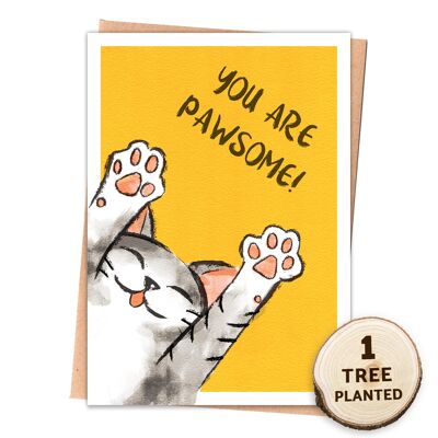 Cat Card. Feel Good Motivational Seed & Tree Gift. Pawsome Wrapped