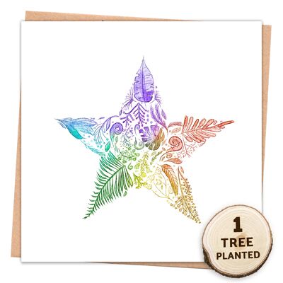 Zero-Waste-Karte mit Öko-Baum und Blumensamen-Geschenk. Regenbogenstern verpackt