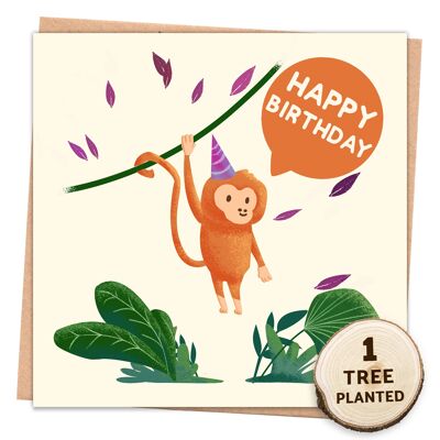 Umweltfreundliche Karte. Geschenk mit Baum und Samen. Alles Gute zum Geburtstag Affe verpackt