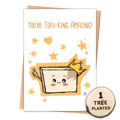 Funny Food Vegan Card. Eco Friendly Seed Tree Gift. TofuKing Wrapped