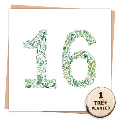 16th Birthday Card. Plantable Flower Seed Eco Gift. Green 16 Wrapped