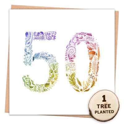50th Birthday Card & Eco Friendly Seeded Gift. Rainbow 50 Wrapped