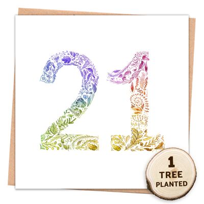 21. Geburtstagskarte & umweltfreundliches Samengeschenk. Regenbogen 21 verpackt