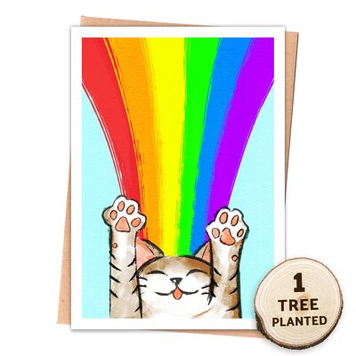 Umweltfreundliche Karte & Samen-Öko-Geschenk. LGBT-Stolz. Regenbogenkatze eingewickelt