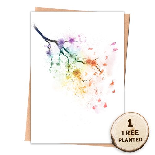 Recycled Tree Card & Flower Seed Eco Gift. Rainbow Blossom Wrapped