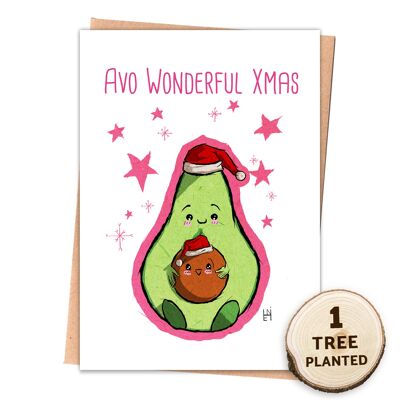 Lustige süße Weihnachtskarte & umweltfreundliches Samengeschenk. Weihnachts-Avo verpackt