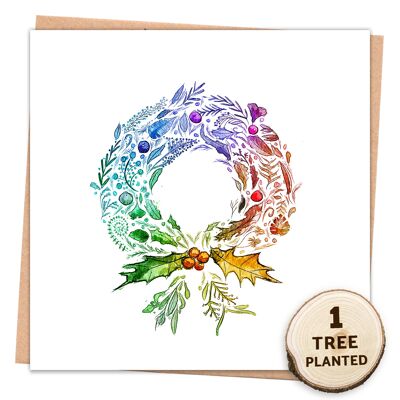 Öko-Plastikfreie Weihnachtskarte und Samengeschenk. Regenbogen-Kranz eingewickelt