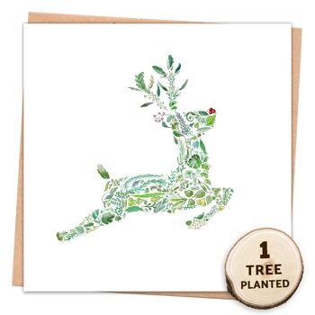 Carte de renne écologique et cadeau de graines de fleurs. Rudolph vert enveloppé 1