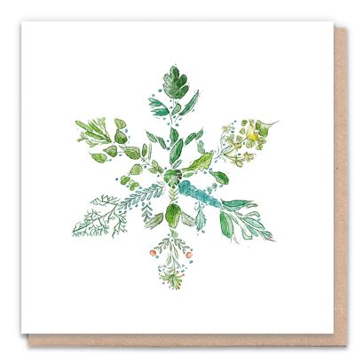 Tarjeta navideña ecológica y regalo de semillas sin desperdicio. Copo de nieve verde envuelto