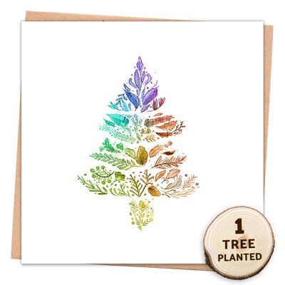 Umweltfreundliche Karte und Blumensamen-Geschenk. Regenbogen-Weihnachtsbaum eingewickelt
