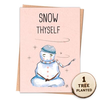 Cartolina di Natale per meditazione yoga e regalo di semi ecologici. Neve te stesso avvolto