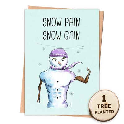 Cartolina di Natale per esercizi di fitness in palestra. Regalo di semi ecologici. SnowPain avvolto