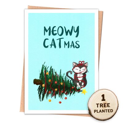 Tarjeta de Navidad ecológica y regalo ecológico de semillas. Gato Meowy envuelto en mus