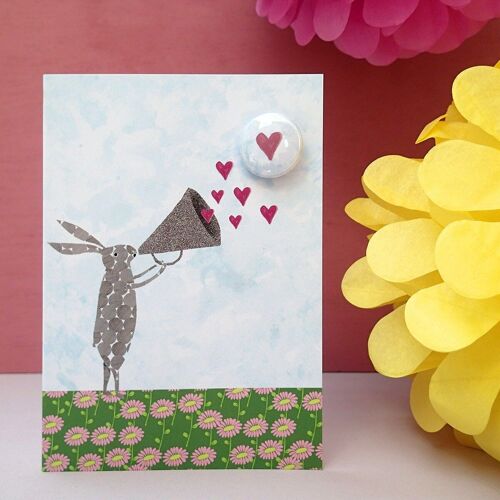 Heart Megaphone Rabbit - Greeting card with badge