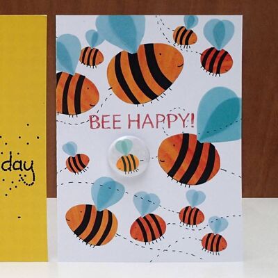 Bee Happy - Biglietto d'auguri con badge