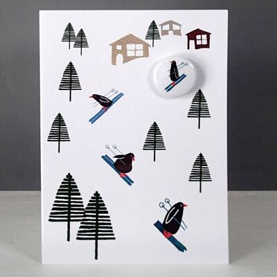 Skiing Penguins - Greeting card with badge