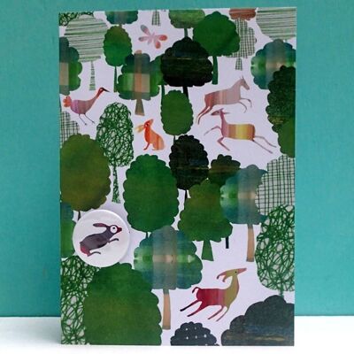 Green Woodland with rabbit - Greeting card with badge