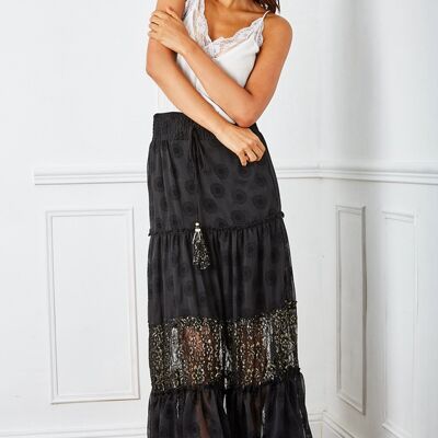 Black airy pleated print skirt with bells-trimmed drawstring