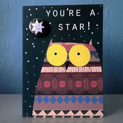 Greeting card with badge - Owl Lucky Star
