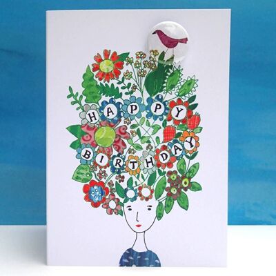 Birthday Hair - Greeting card with badge