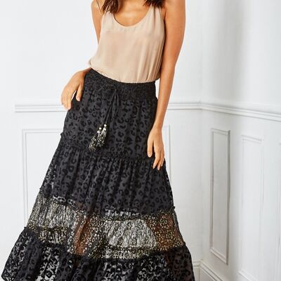 Black, vaporous and pleated leopard-print skirt with bells-adorned cord